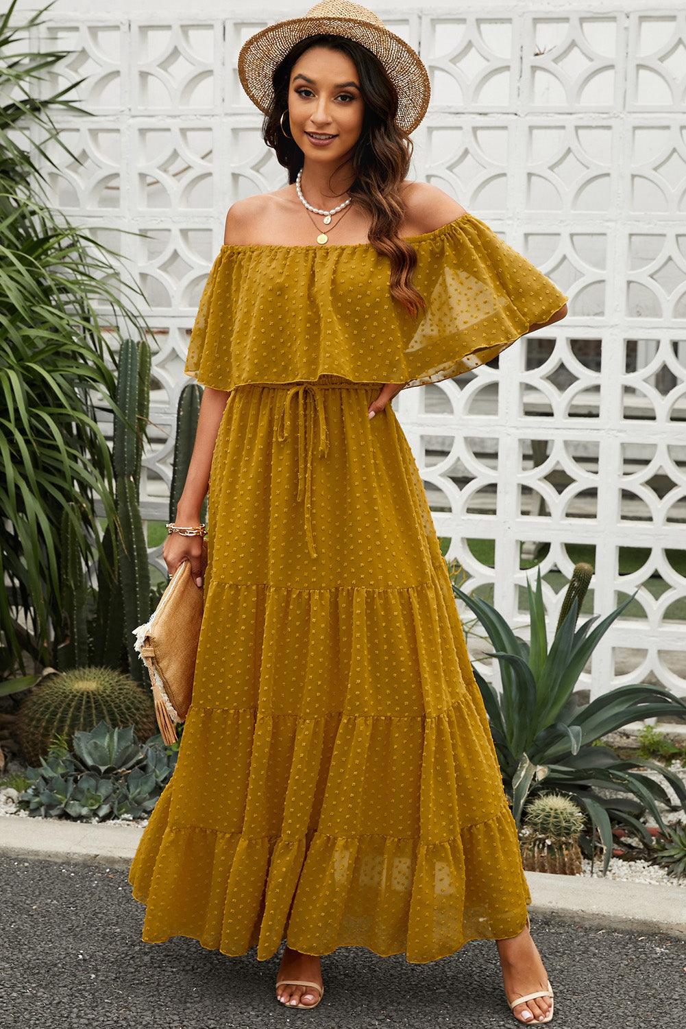 Swiss Dot Off-Shoulder Tiered Maxi Dress - Dresses