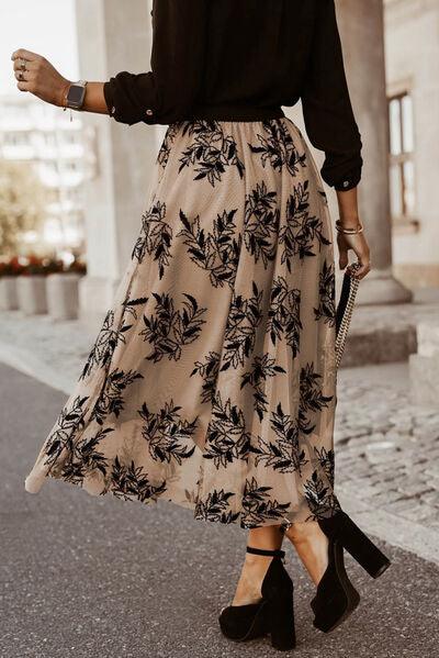 Floral Embroidered High Waist Chiffon Midi Skirt - Skirt