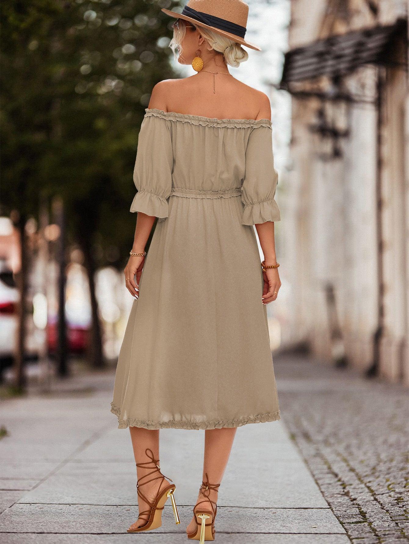 Frilled Off-Shoulder Flounce Sleeve Midi Dress - Dresses