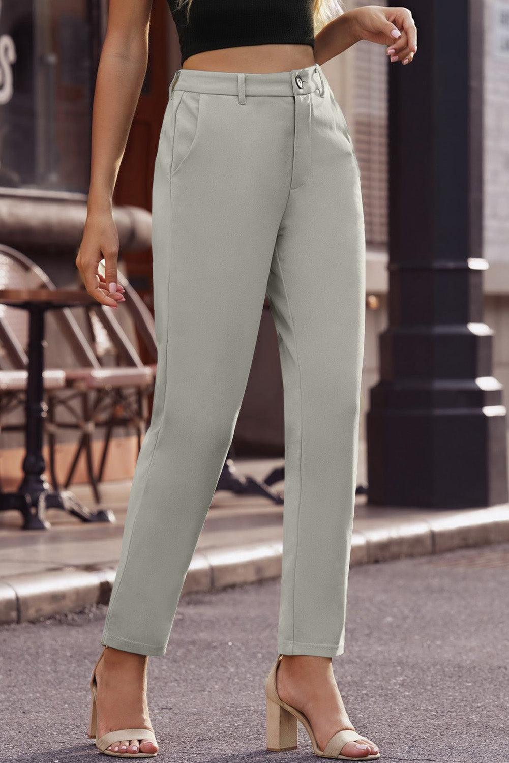 Cropped Straight Leg High Waist Pants with Pockets - Pant