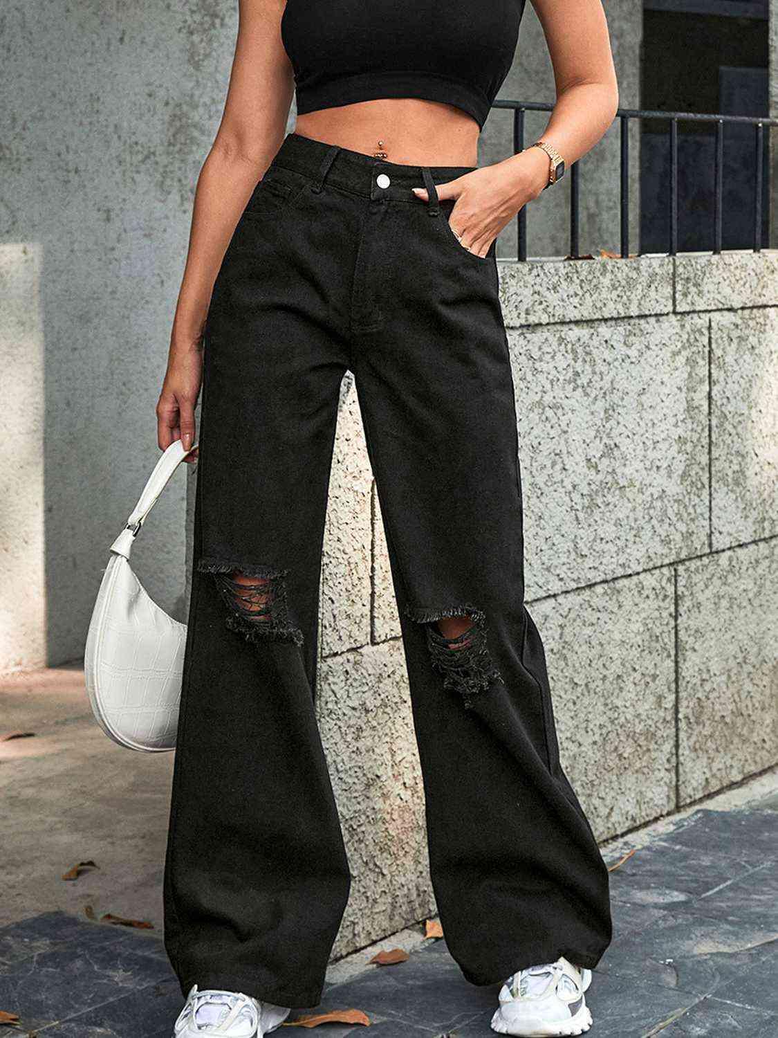 Distressed Wide Leg High Rise Jeans - Jeans