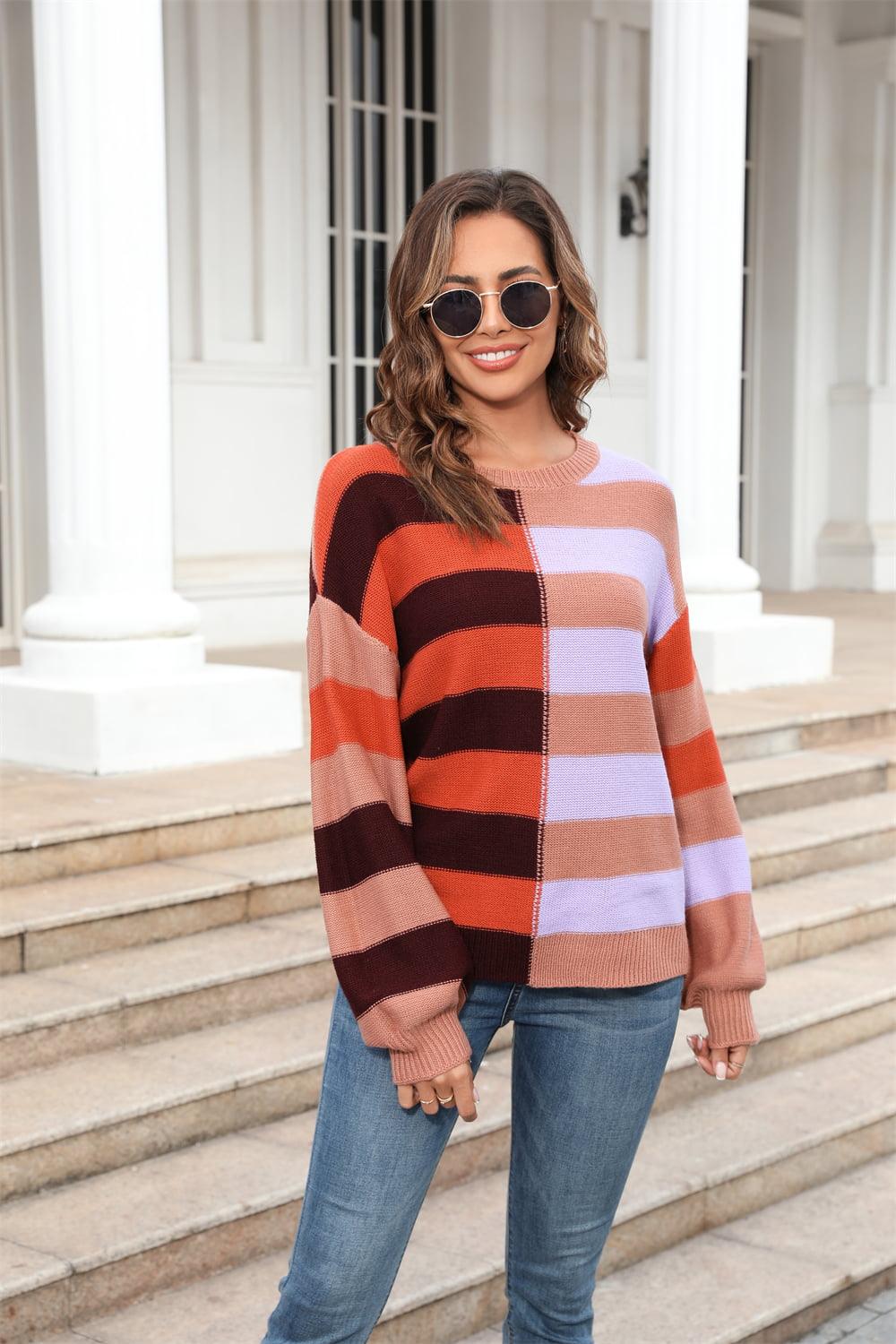 Round Neck Color Block Striped Sweater - Sweater