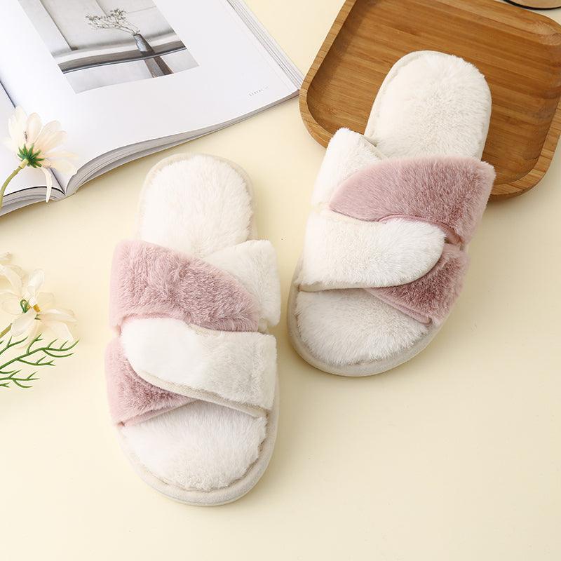 Faux Fur Twisted Strap Slippers - Slippers