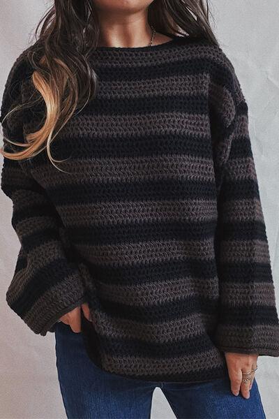 Striped Round Neck Dropped Shoulder Sweater - Sweater