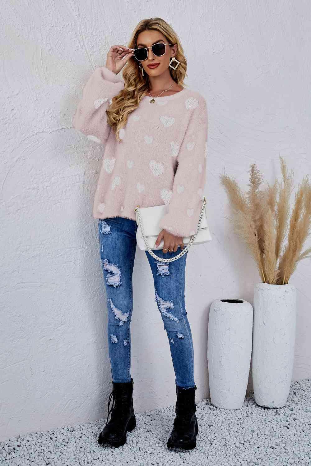 Woven Right Heart Print Fuzzy Sweater - Sweater