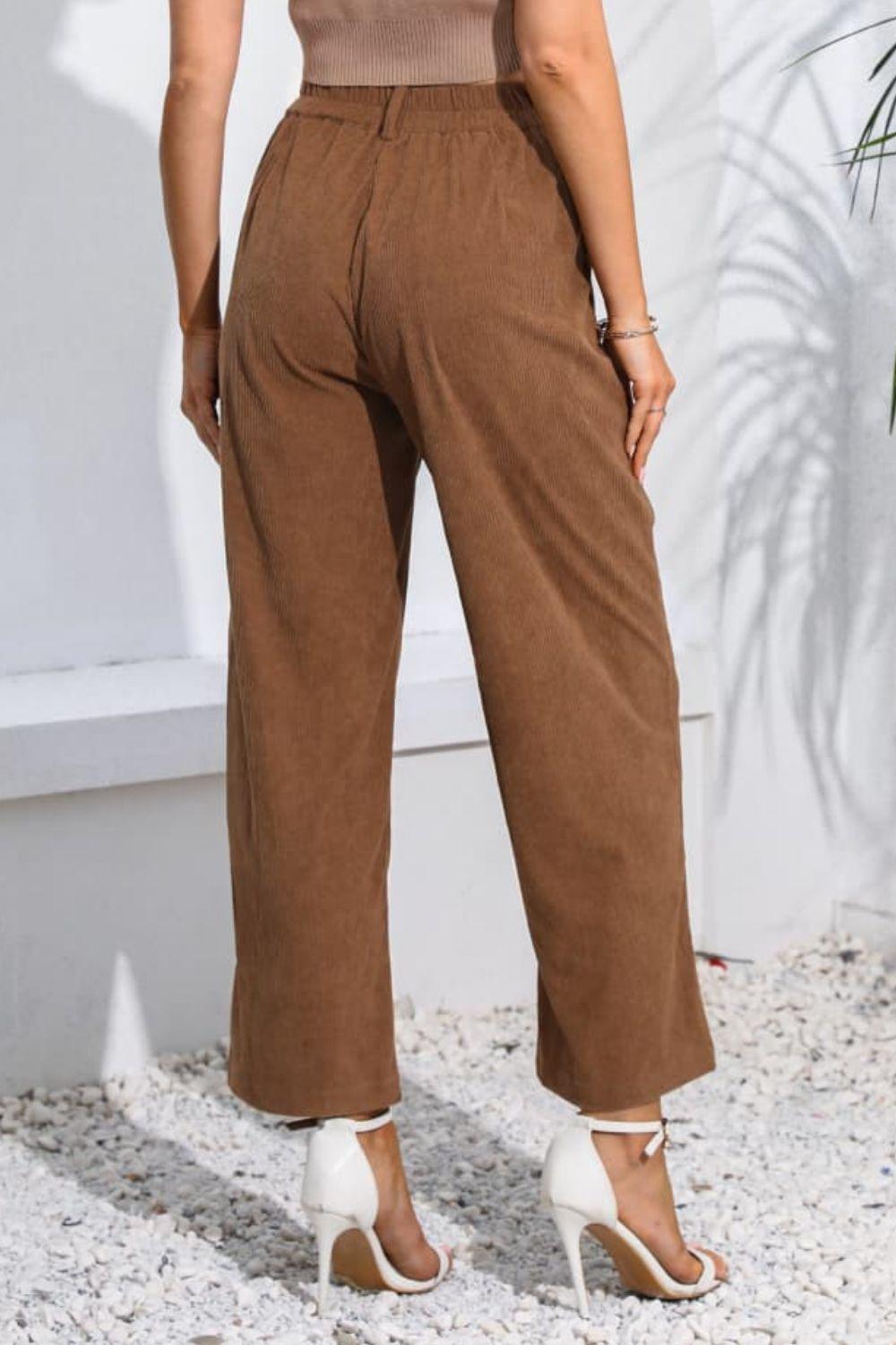 Cropped Buttoned Straight Leg High Waist Pleated Pants - Pant