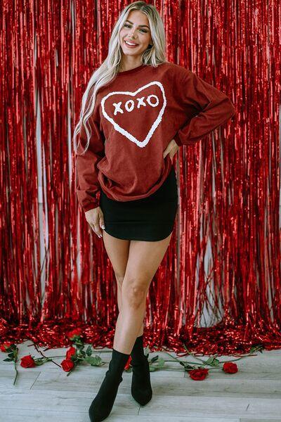 Heart XOXO Graphic Round Neck Sweatshirt - Sweatshirt