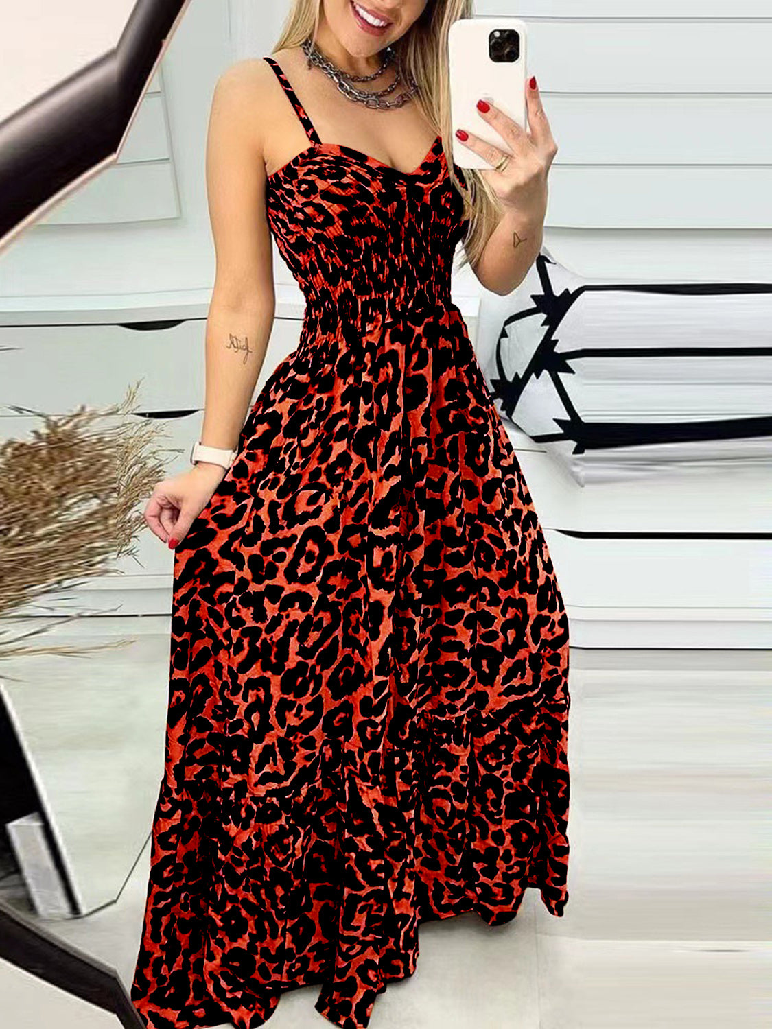 Leopard Sweetheart Neck Cami Maxi Dress