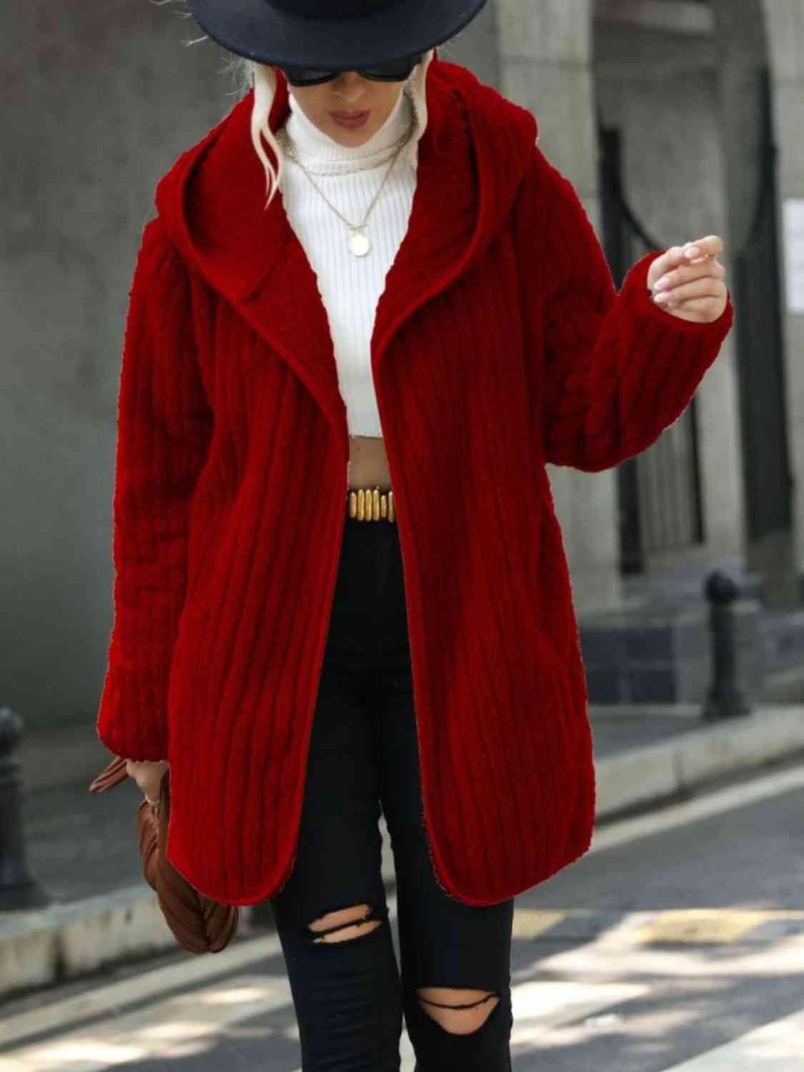 Open Front Ribbed Hooded Fleece Coat - Coat