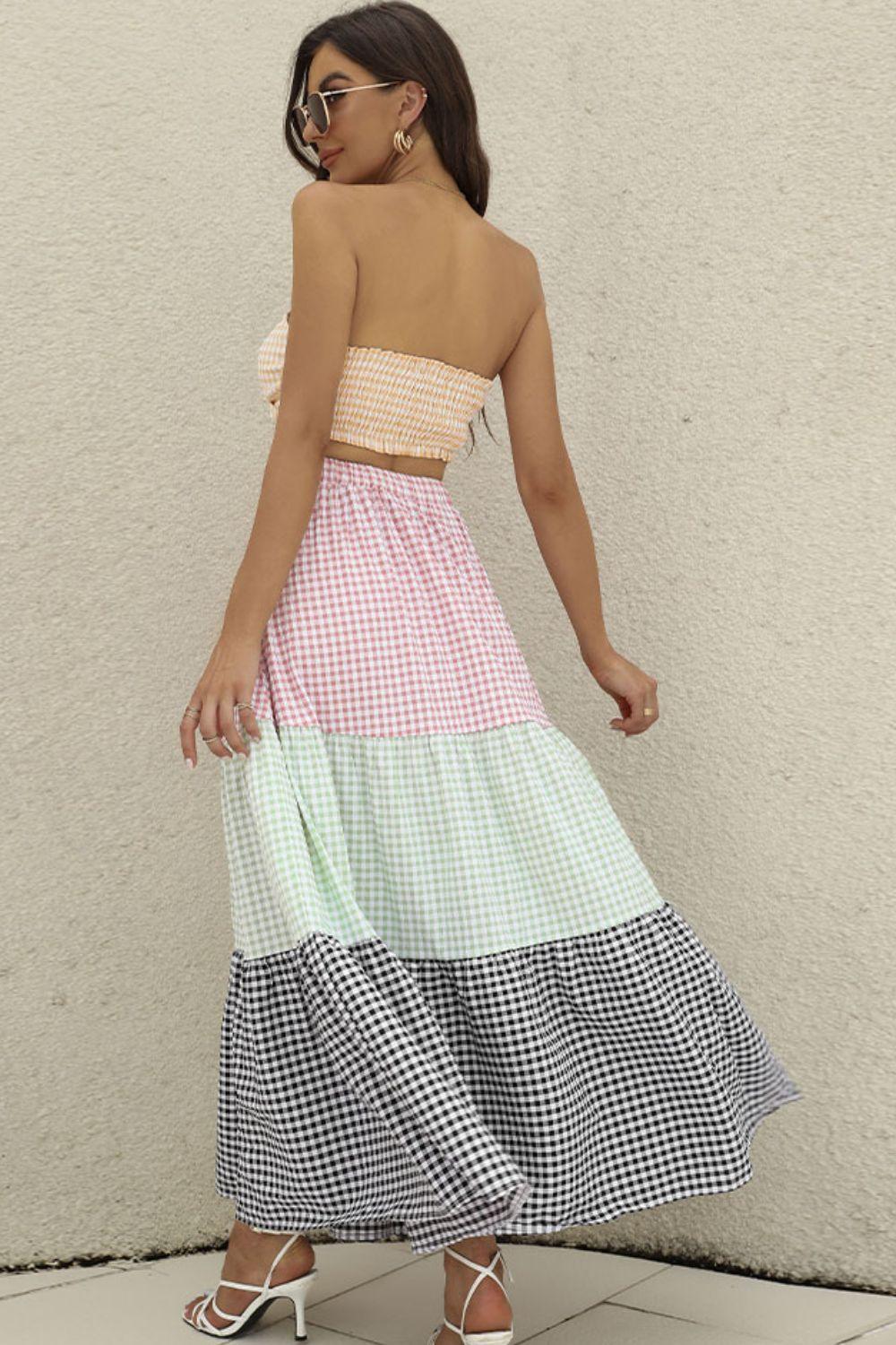 Plaid Strapless Top and Tiered Maxi Skirt Set - Skirt & Top