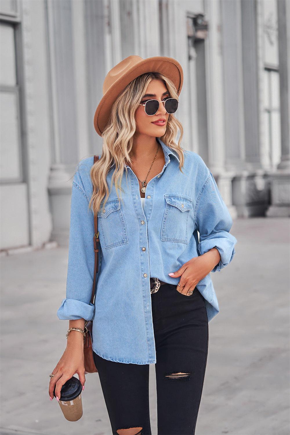 Collared Neck Button Down Collar Long Sleeve Denim Shirt - Shirt