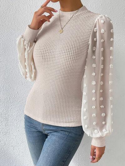 Swiss Dot Waffle-Knit Lantern Sleeve Top - Top