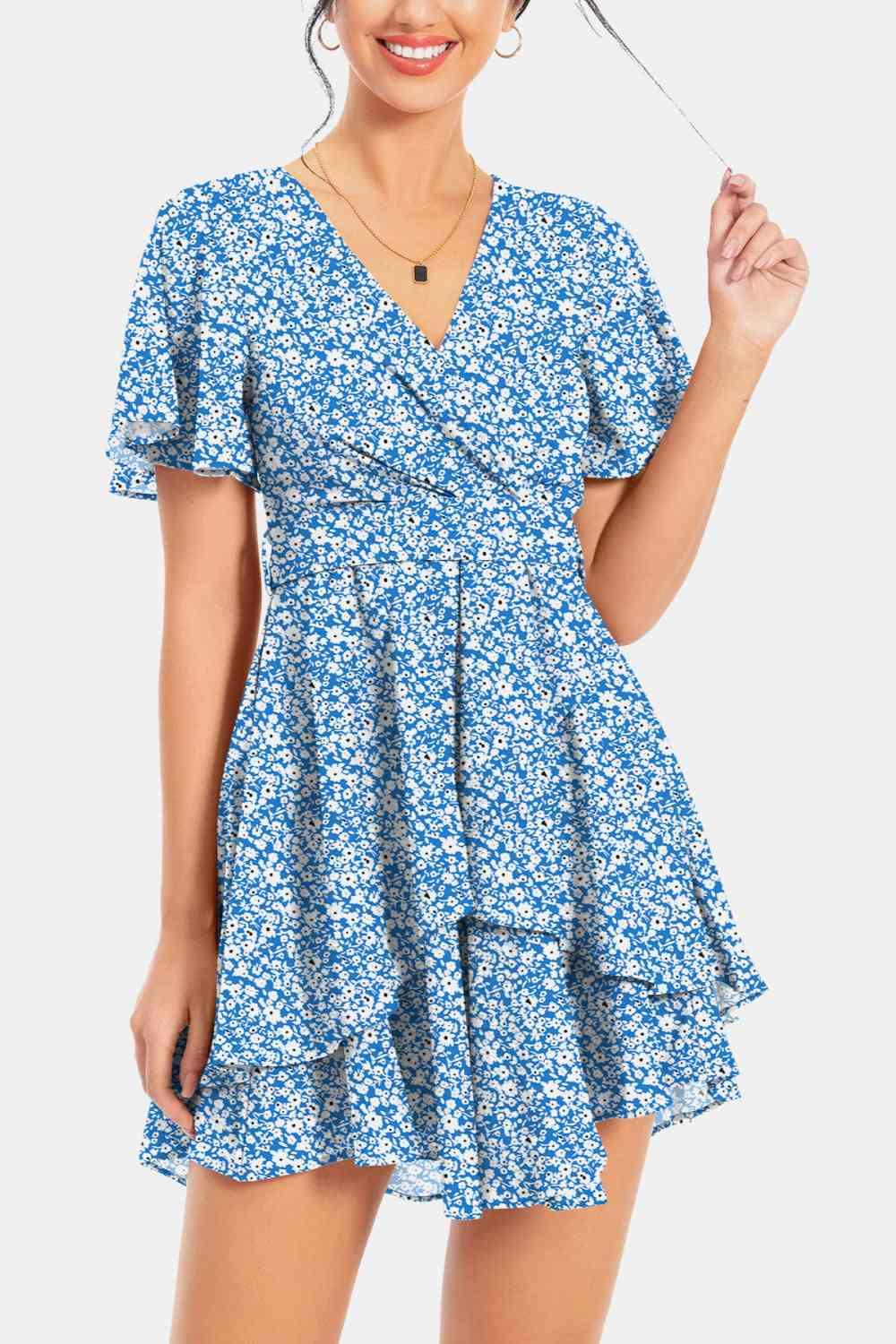 Surplice Neck Flutter Sleeve Mini Dress - Dresses