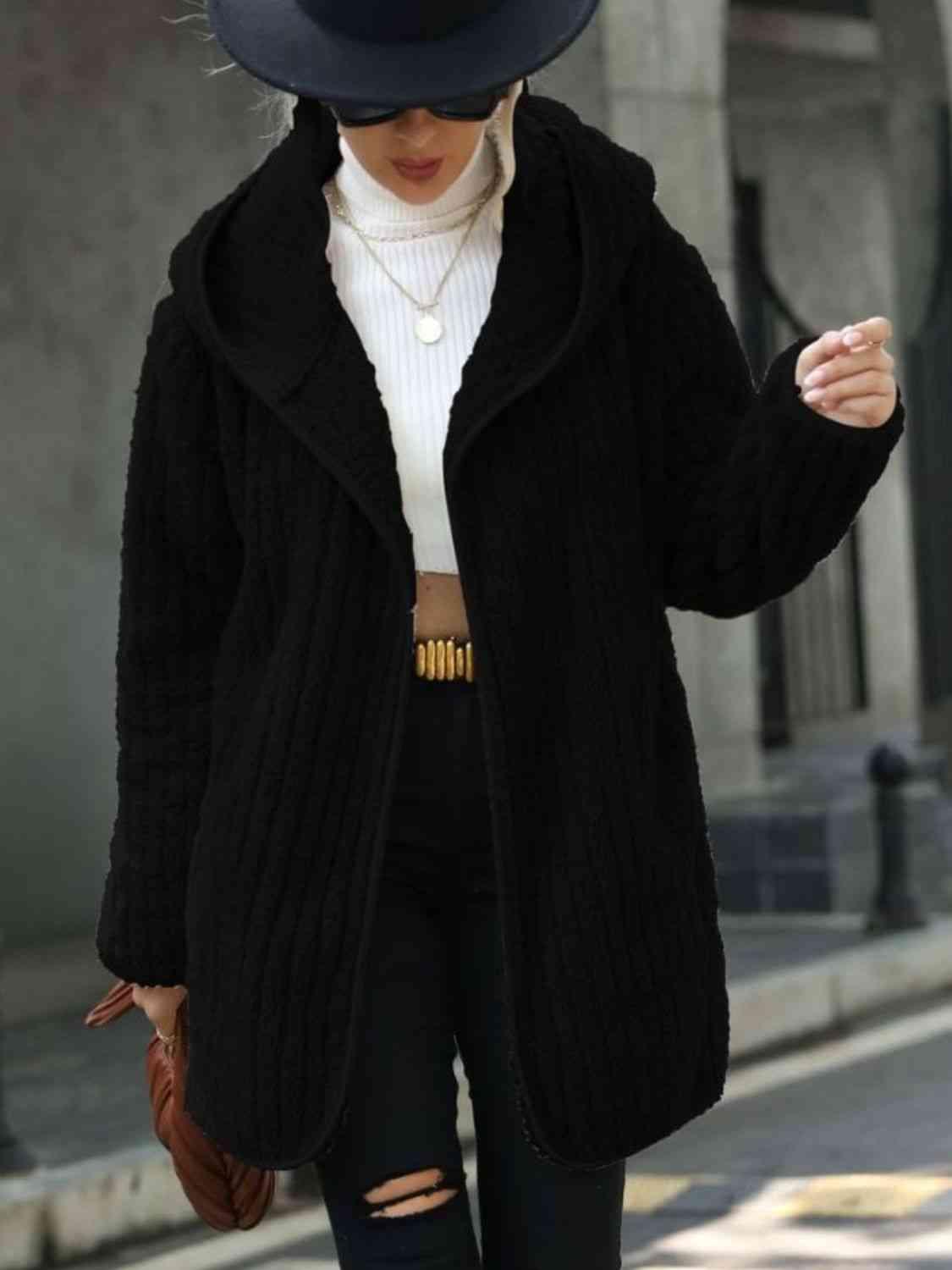 Open Front Ribbed Hooded Fleece Coat - Coat