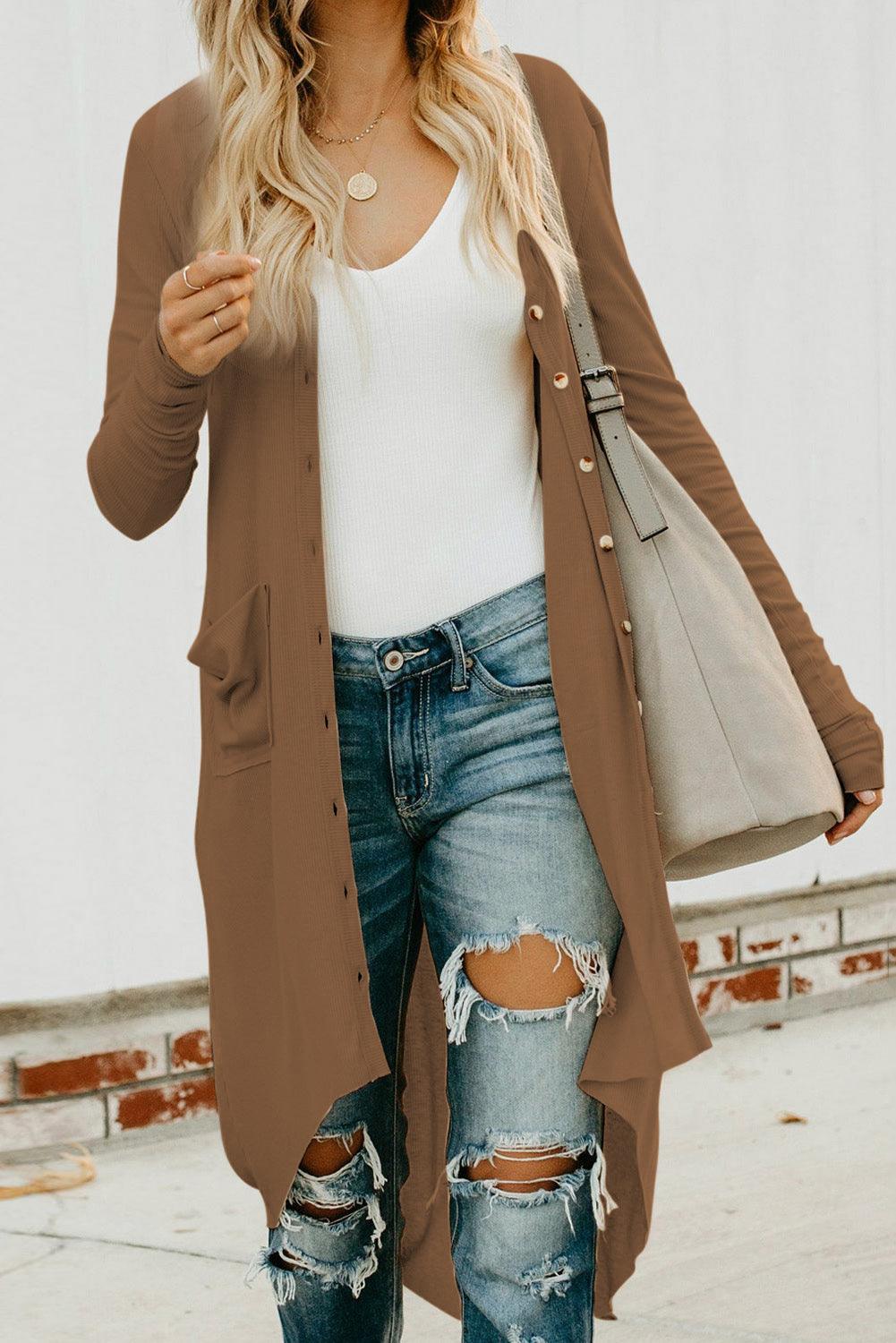 Buttoned V-Neck Long Sleeve Cardigan with Pockets - Cardigan