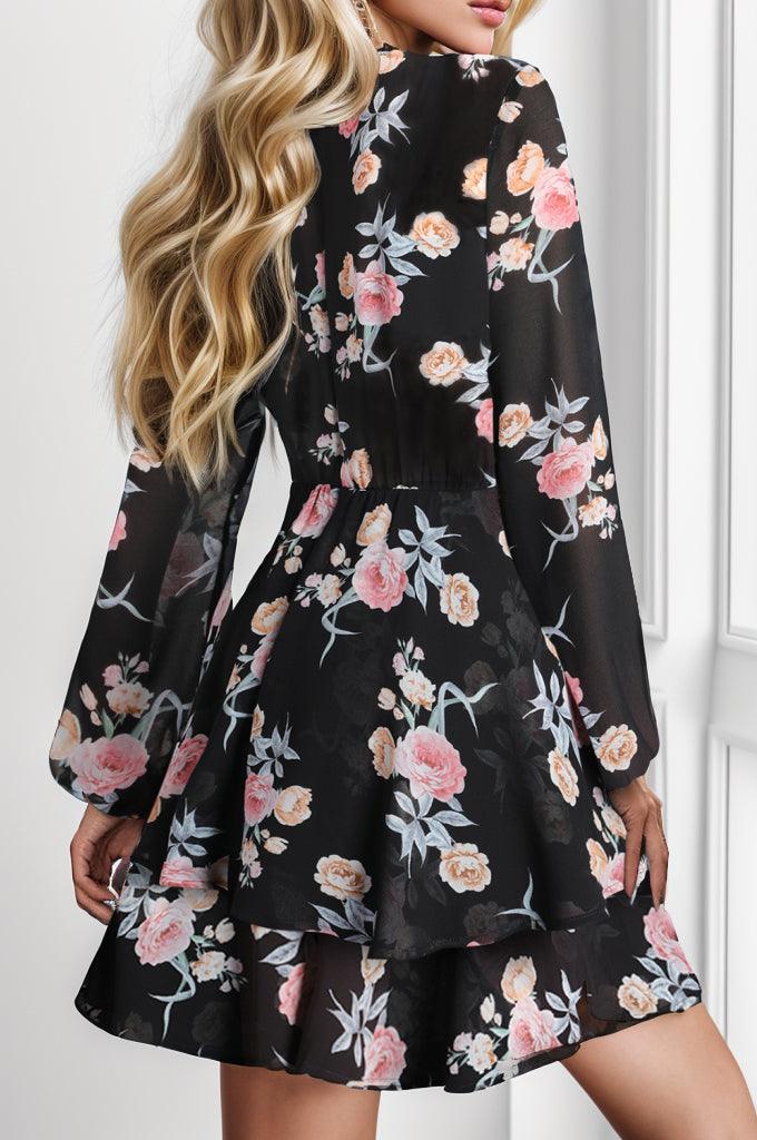 Floral Surplice Balloon Sleeve Mini Dress - Dresses