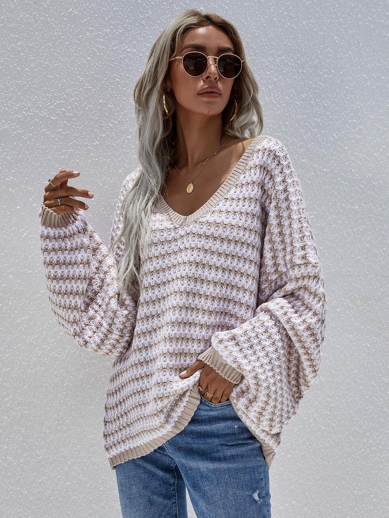 Striped Drop Shoulder V-Neck Pullover Sweater - Sweater