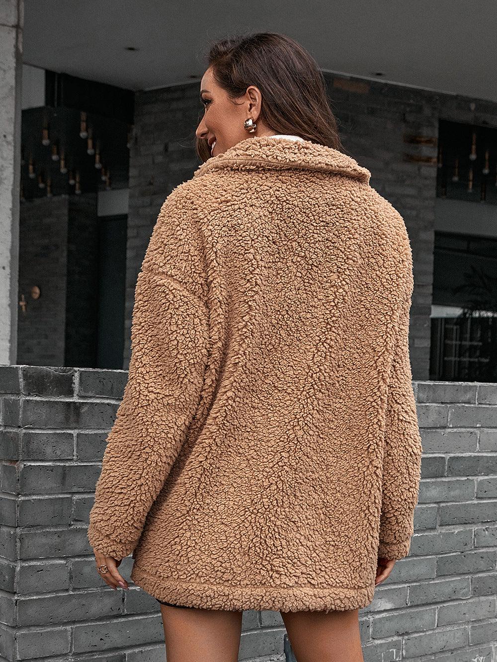 Double Take Zip-Up Collared Teddy Bear Coat - Coat