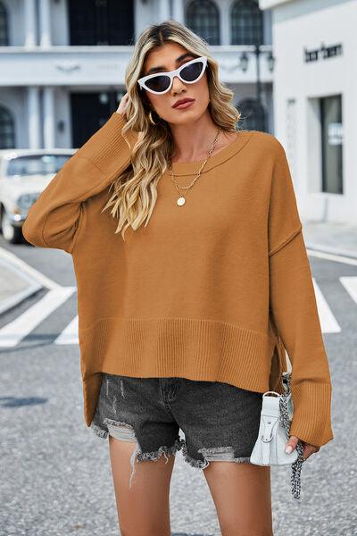 High-Low Slit Round Neck Sweater - Sweater