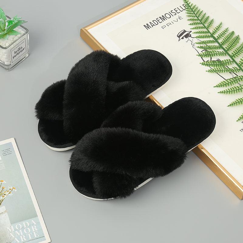 Faux Fur Crisscross Strap Slippers - Slippers