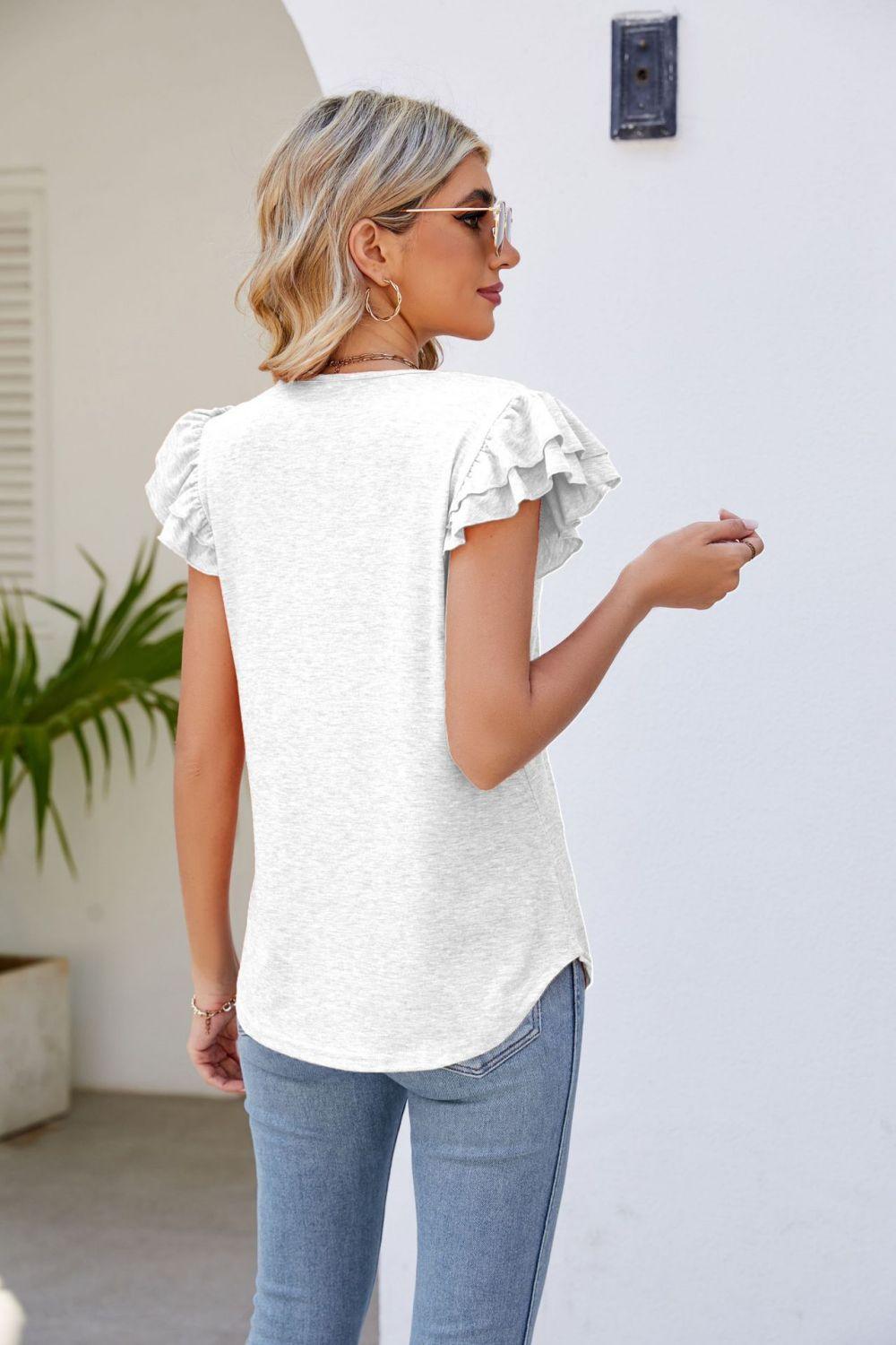 Smocked Layered Ruffle Flutter Sleeve V-Neck Top - Top