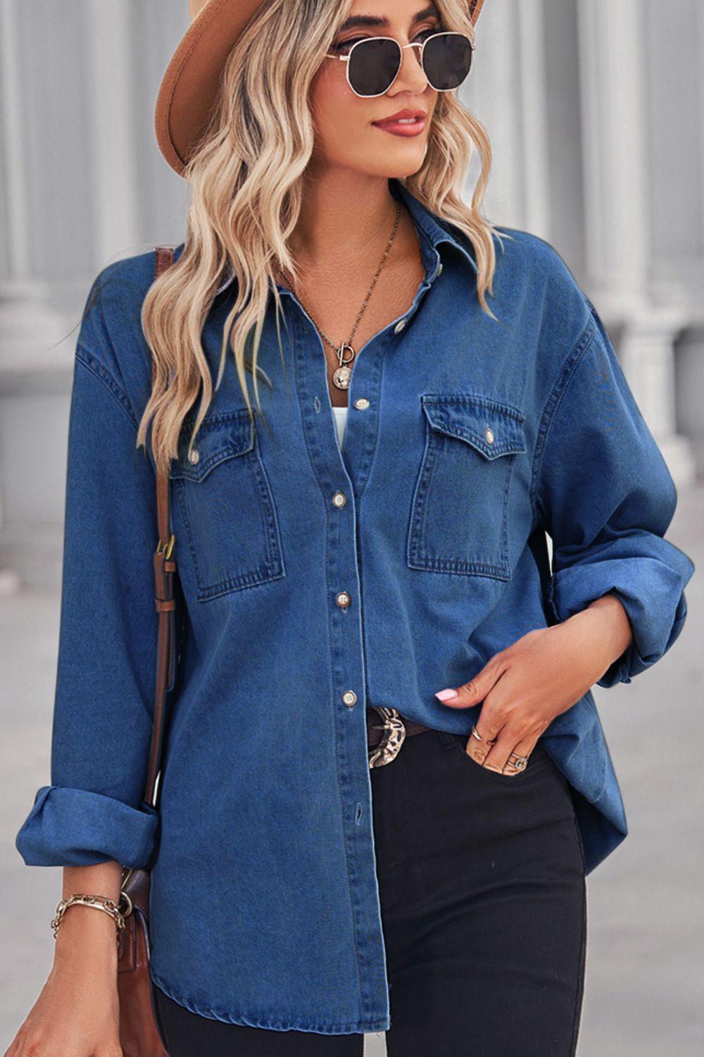 Collared Neck Button Down Collar Long Sleeve Denim Shirt - Shirt