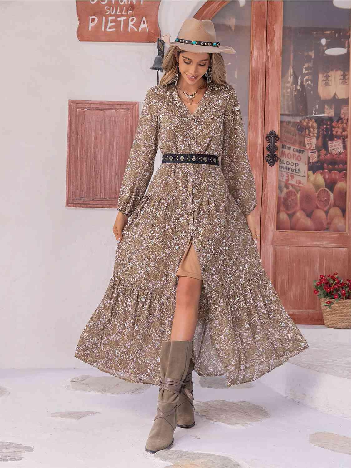 Floral Button Up V-Neck Tiered Midi Dress - Dresses