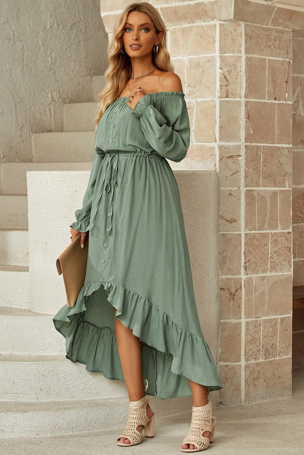 Drawstring Off-Shoulder Flounce Sleeve Dress - Dresses