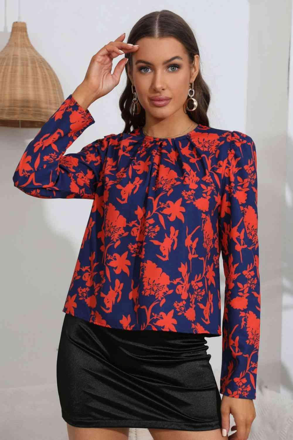 Floral Long Puff Sleeve Blouse - Blouse