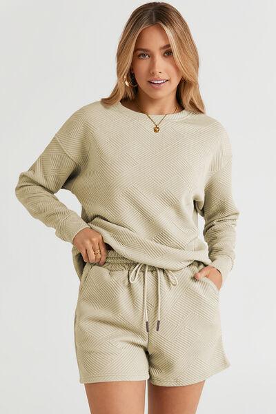 Texture Long Sleeve Top and Shorts Set - Short & Top