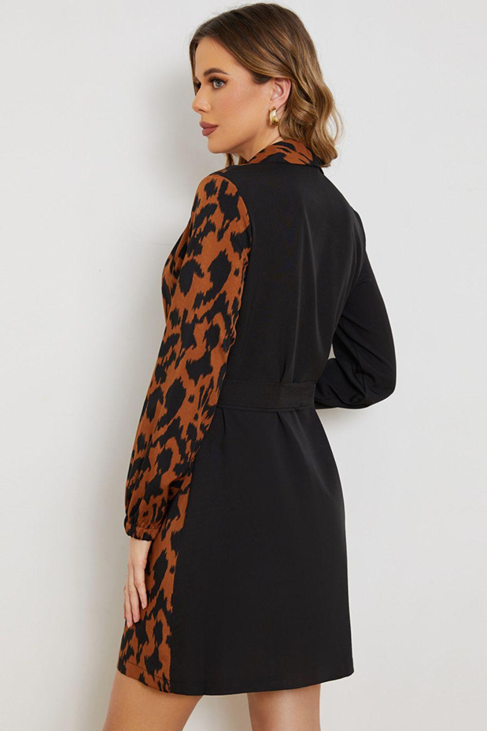 Leopard Color Block Belted Shawl Collar Wrap Dress - Dresses