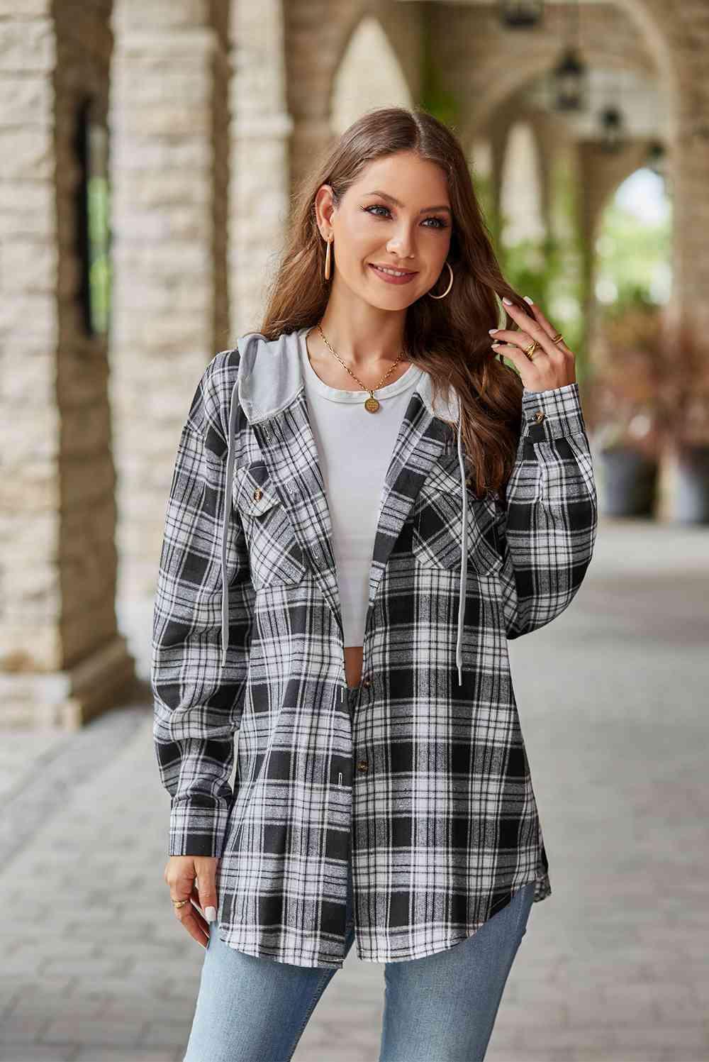 Plaid Long Sleeve Hooded Shacket - Jacket