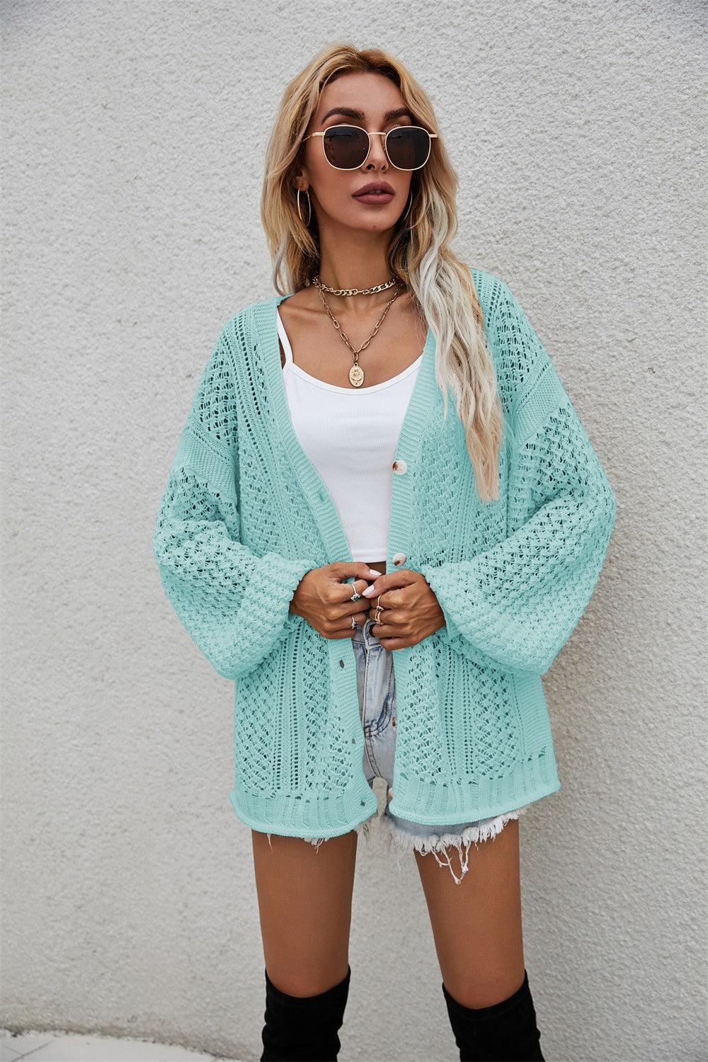 Openwork V-Neck Dropped Shoulder Cardigan - Cardigan