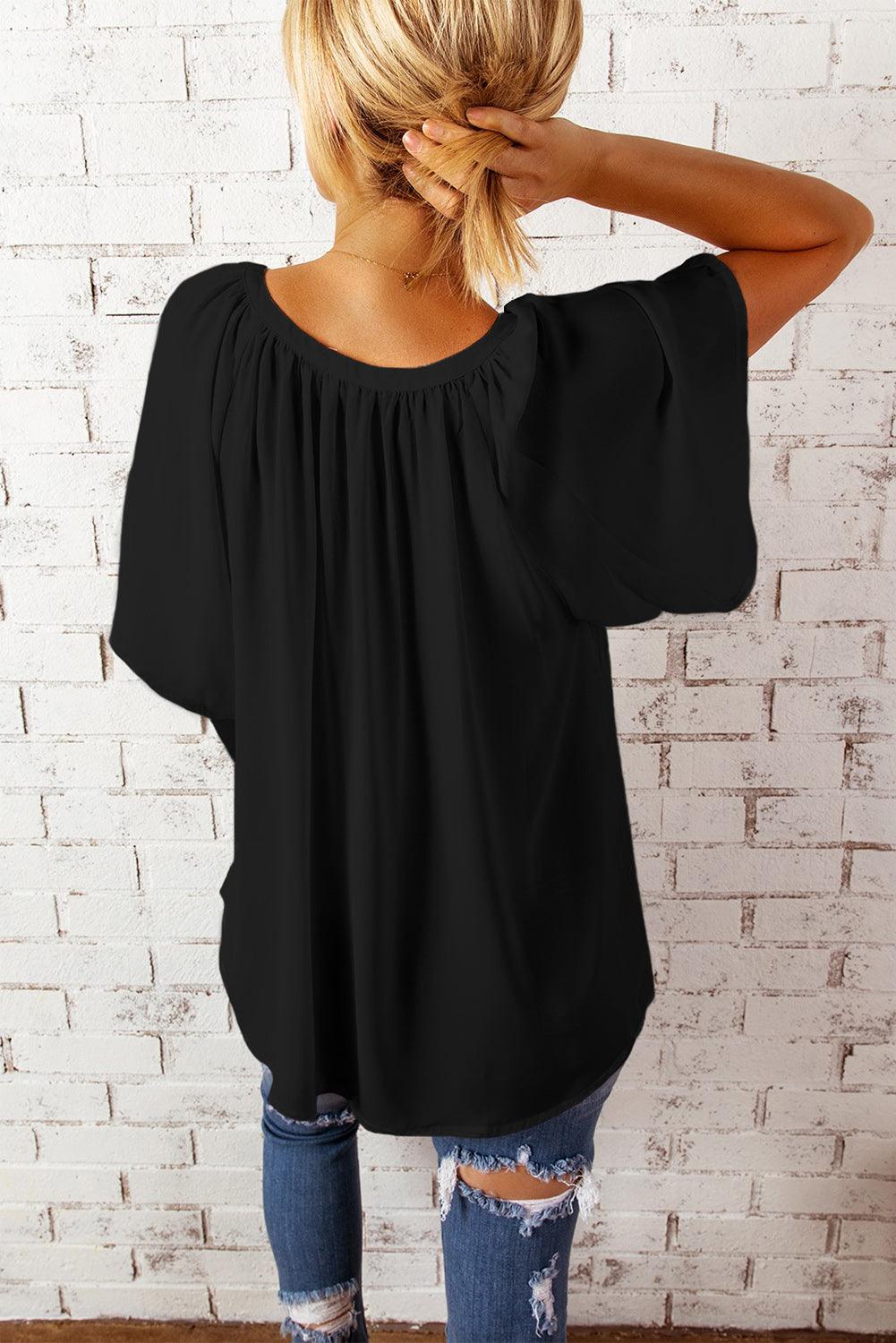 Gathered Detail Notched Neck Flutter Sleeve Blouse - Blouse