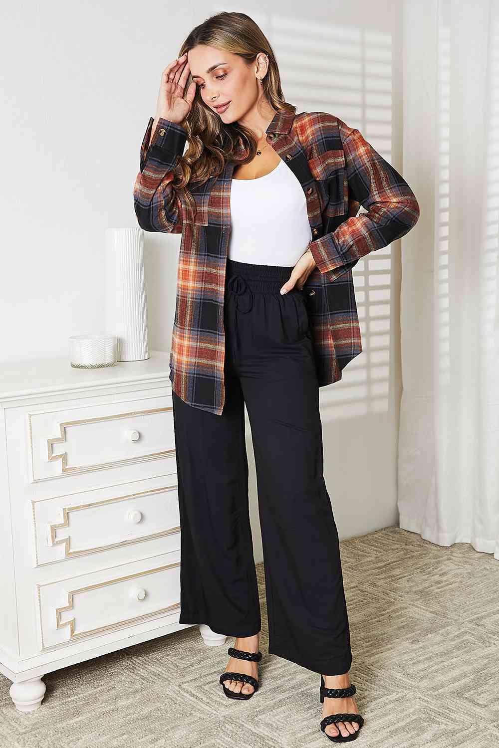 Double Take Plaid Dropped Shoulder Shacket - Shirt