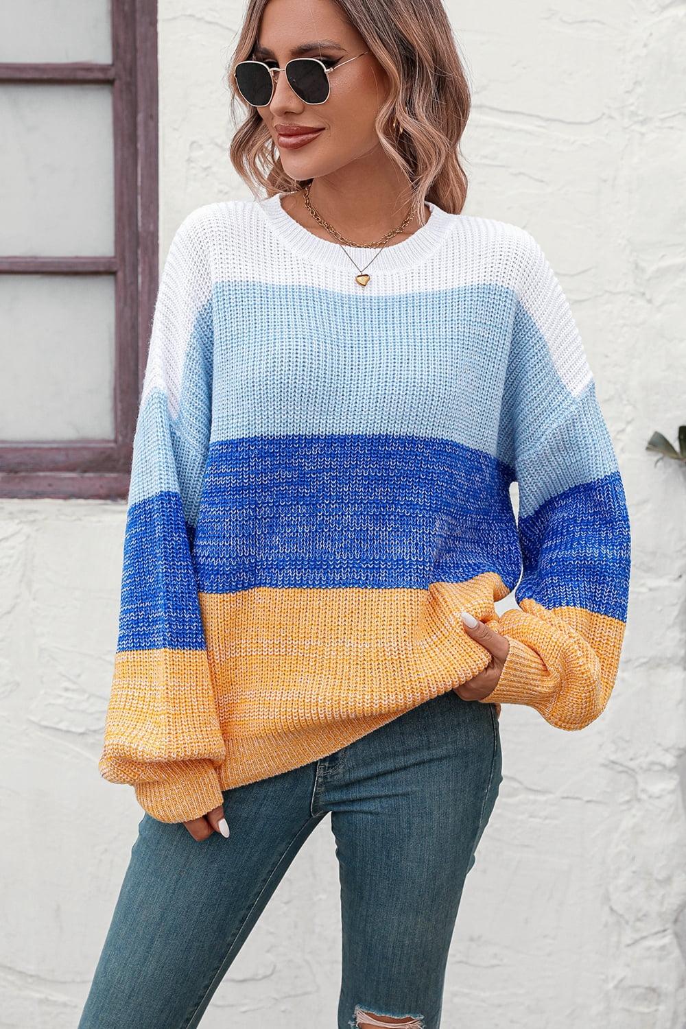 Round Neck Color Block Ribbed Knit Sweater - Sweater