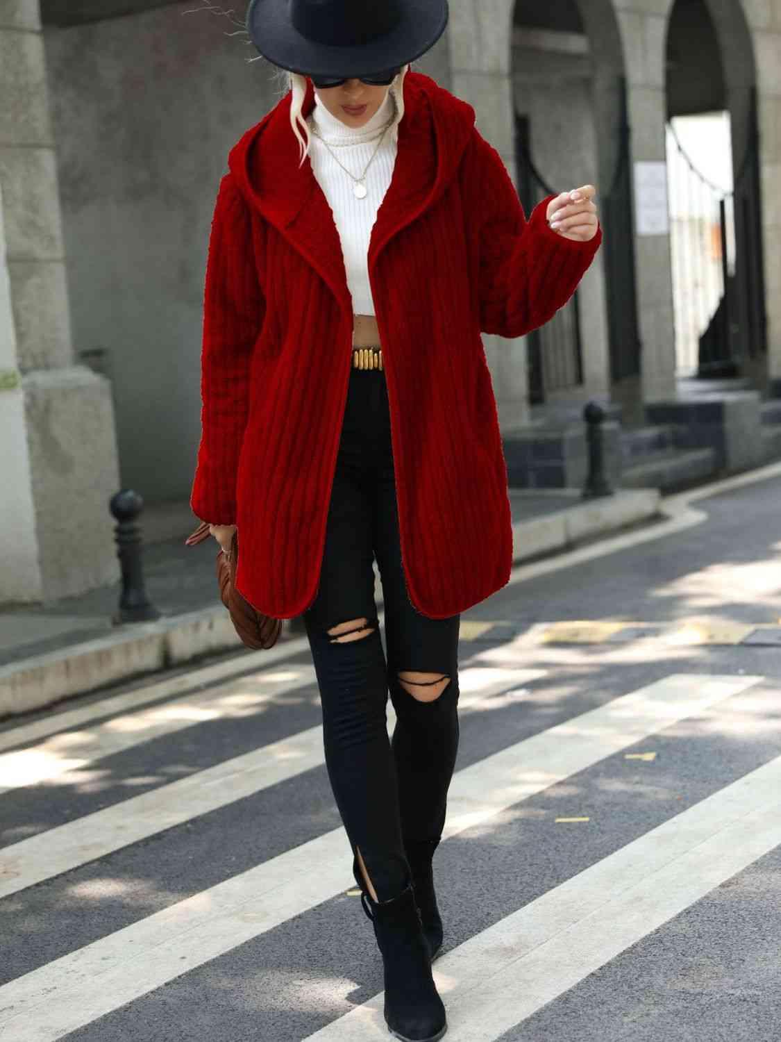 Open Front Ribbed Hooded Fleece Coat - Coat