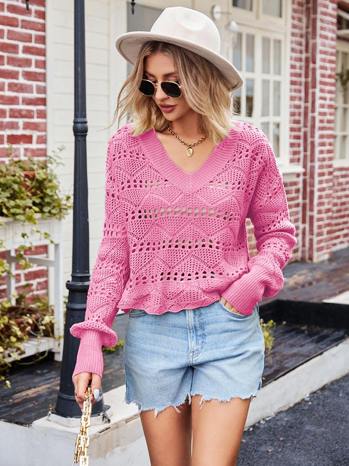 V-Neck Openwork Long Sleeve Sweater - Sweater