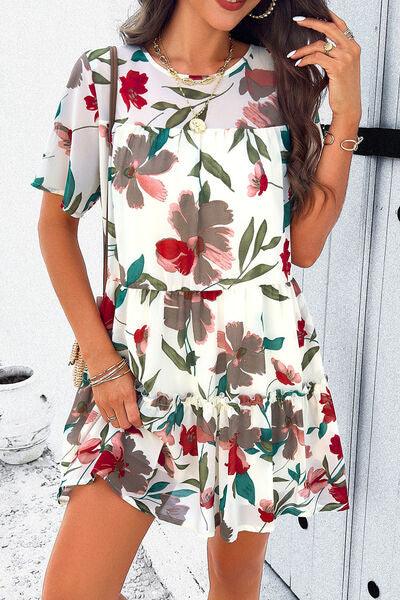 Floral Tiered Round Neck Mini Dress - Dresses