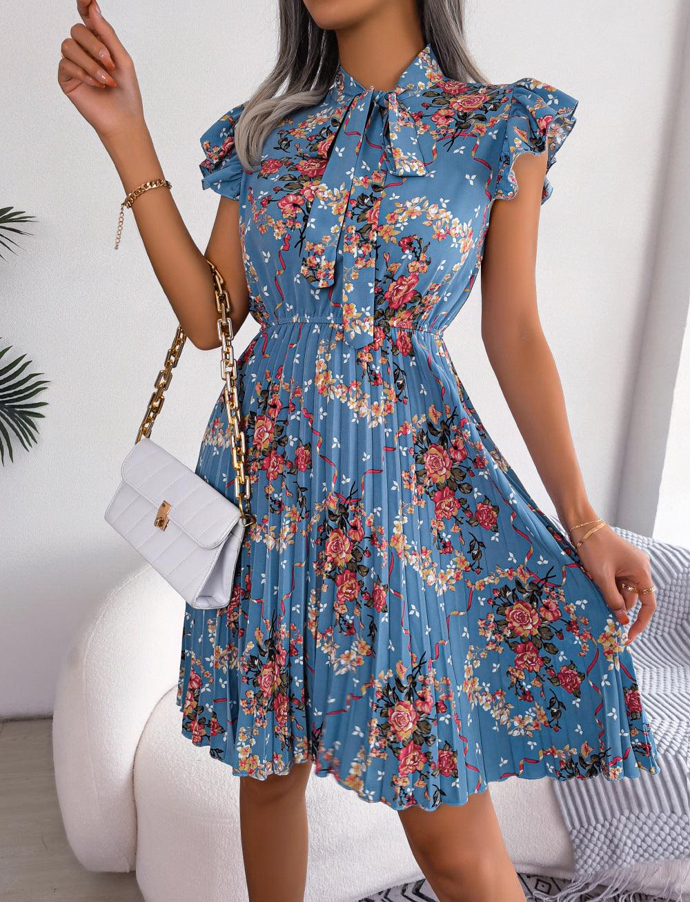 Pleated Floral Printed Tie Neck Knee Length Dress - Dresses