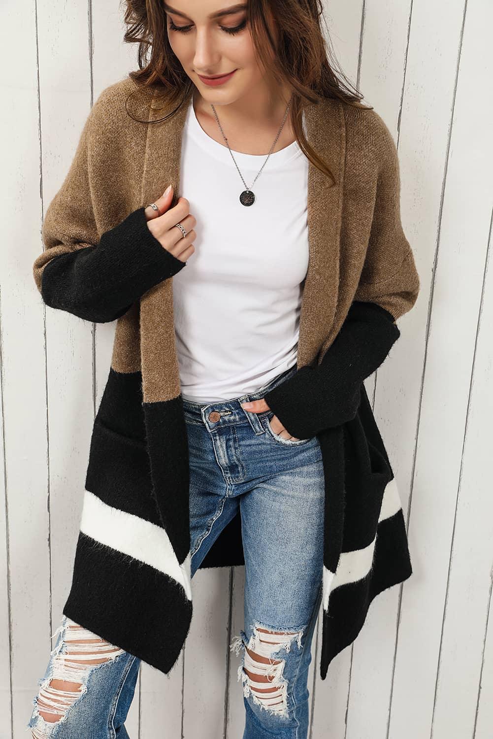 Color Block Open front Longline Cardigan - Cardigan