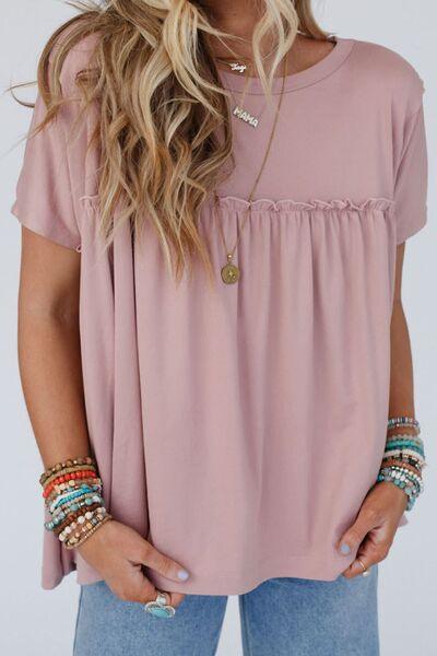 Frill Round Neck Short Sleeve Top - Top