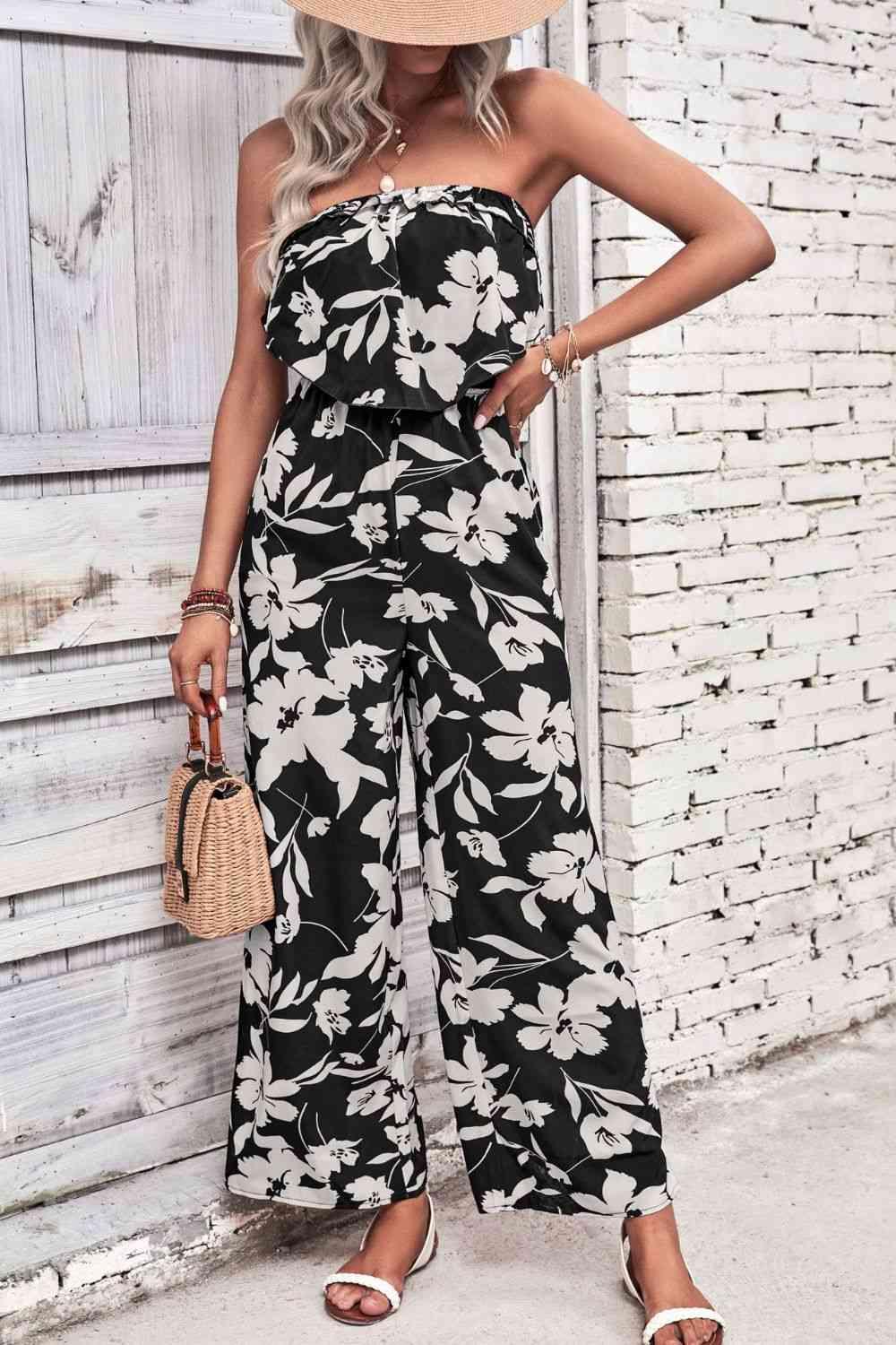 Floral Strapless Wide Leg Jumpsuit - Jumpsuit