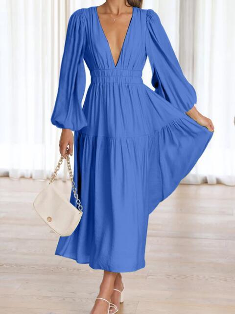 Deep V-Neck Balloon Sleeve Maxi Dress - Dresses