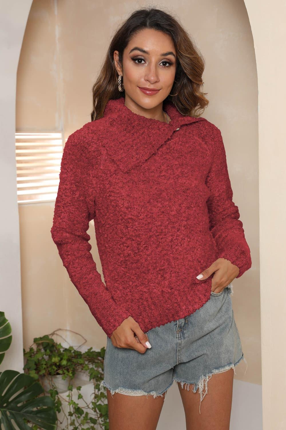 Asymmetrical Neck Long Sleeve Pullover Sweater - Sweater