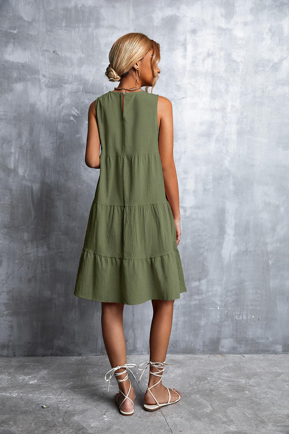 Sleeveless Round Neck Tiered Knee-Length Dress - Dresses