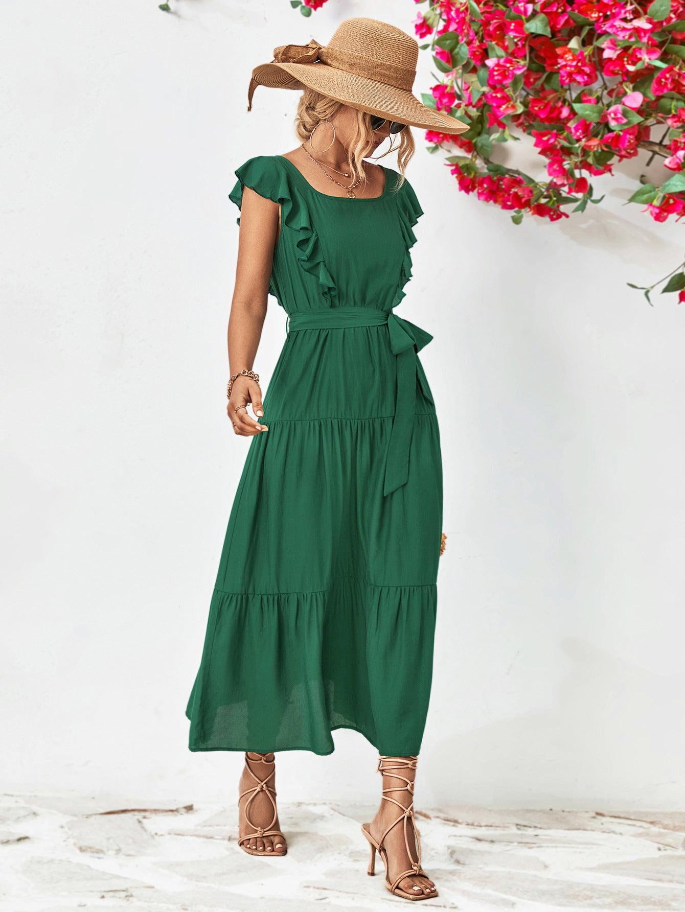 Tie Belt Ruffled Tiered Midi Dress - Dresses