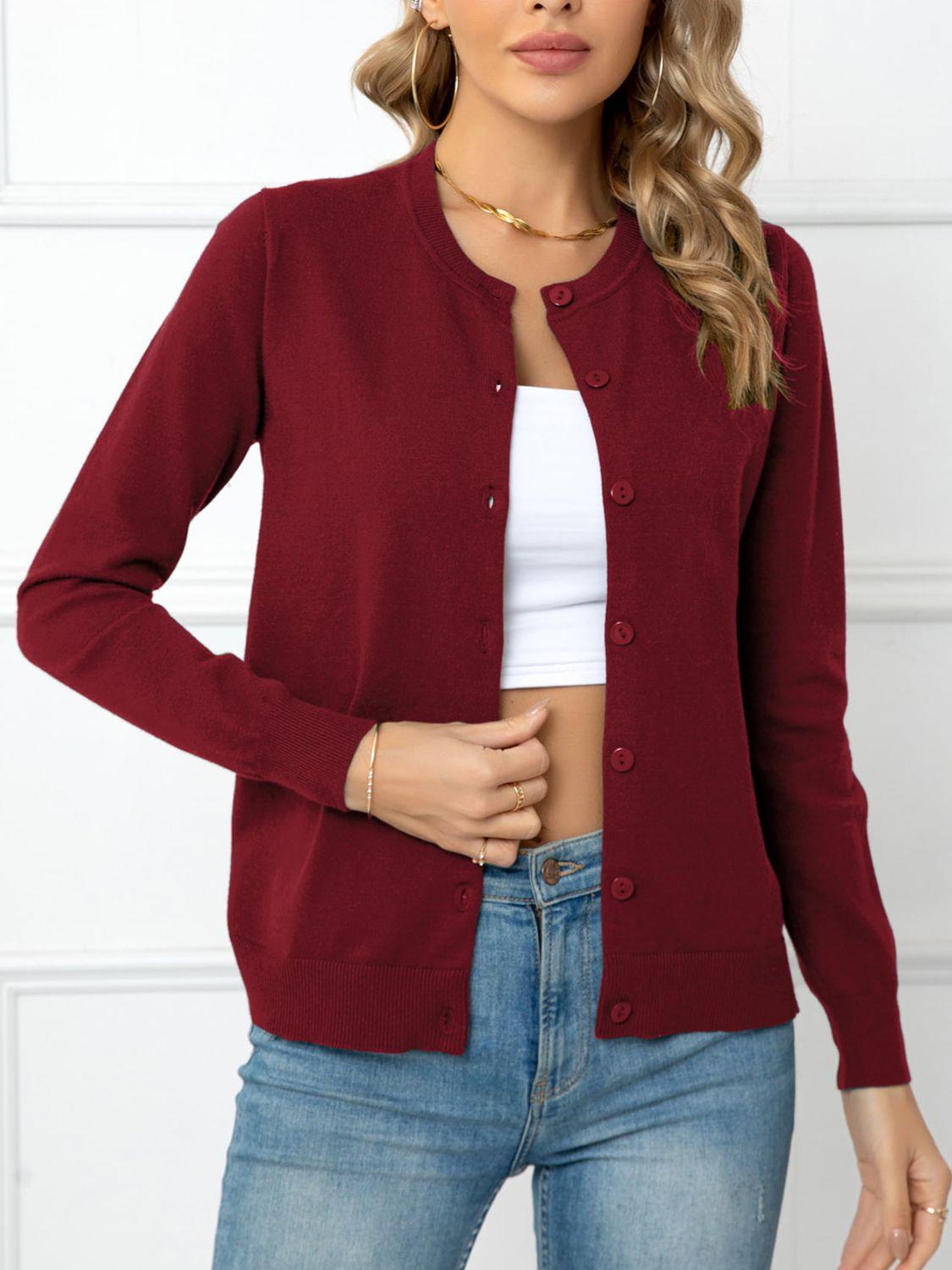 Button Down Round Neck Cardigan - Cardigan