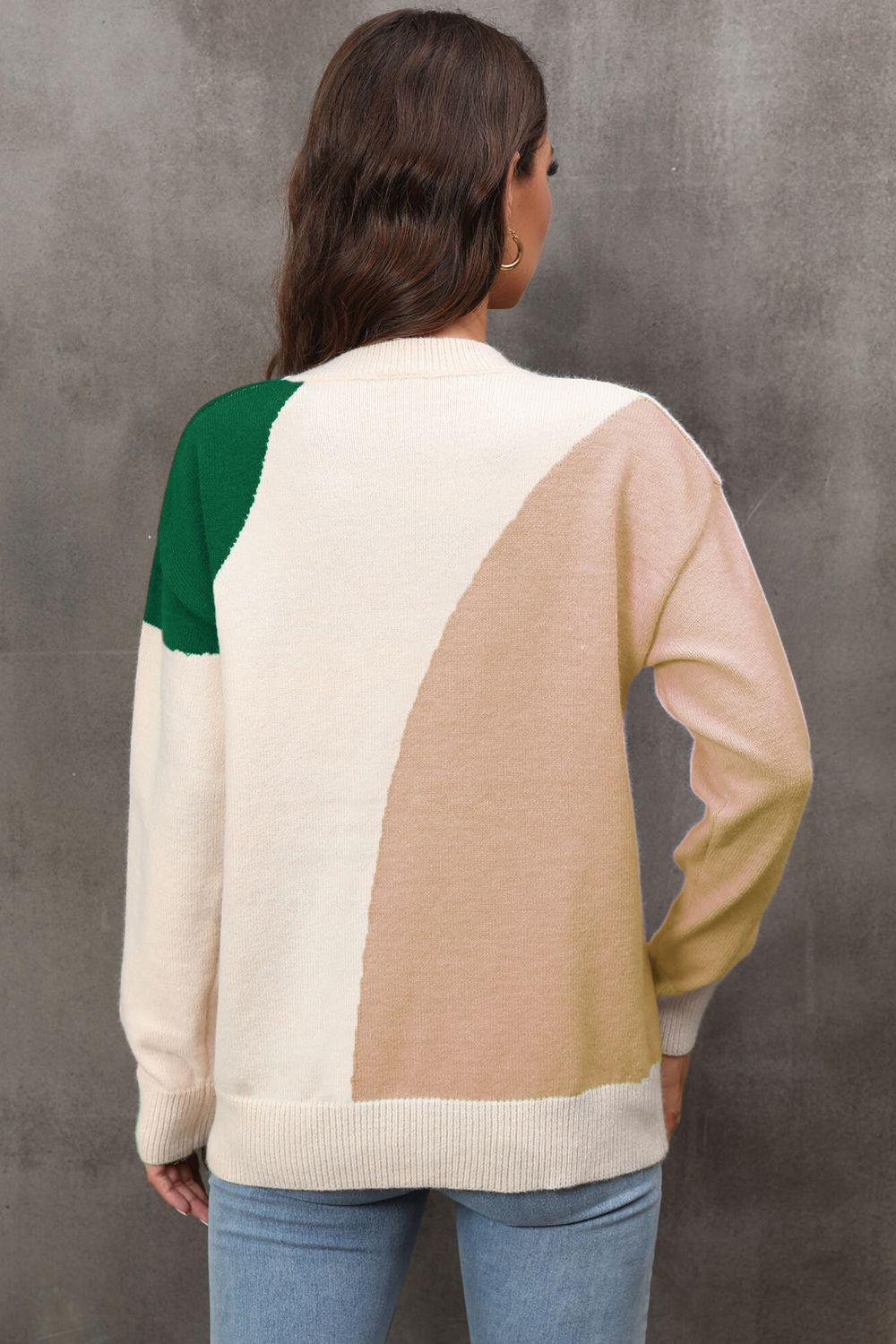 Color Block Ribbed Cuff Drop Shoulder Sweater - Sweater