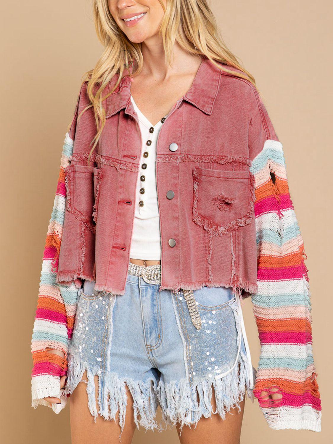 Distressed Striped Long Sleeve Denim Jacket - Jacket